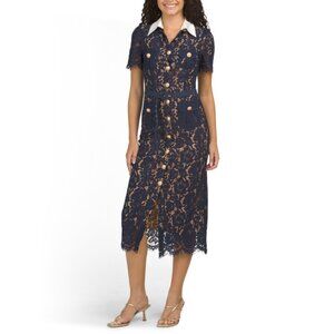 DALIA MACPHEE Navy Short Sleeve Contrast Collar Lace Dress